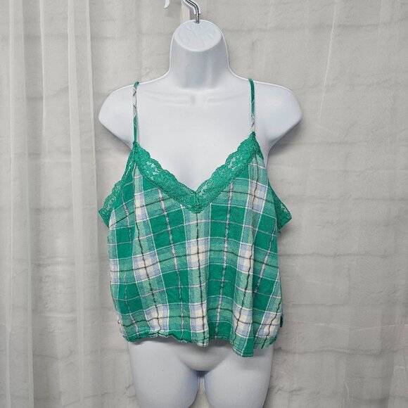 Colsie Green Lavender Plaid Lounge Tank Flannel Lace Boho Festival L - Picture 1 of 10